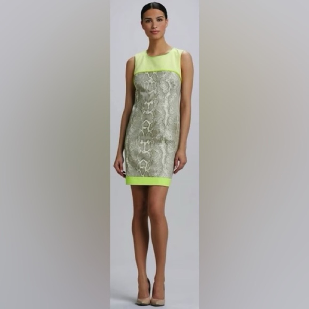 Tahari Reptile Pattern Dress with Neon Green Trim